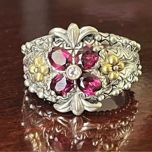Barbara Bixby Sterling Silver & 18K Gold Rhodolite Garnet Flower Ring